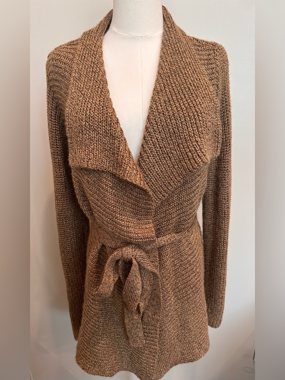 Lauren Ralph Lauren Gold Metallic Knit Wrap Cardigan Sweater Wool Blend L